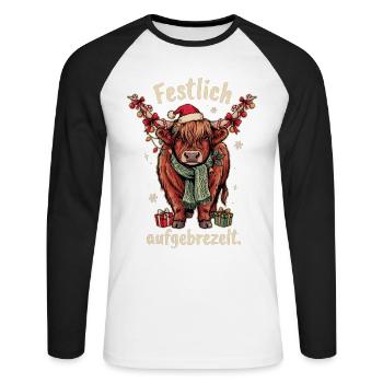 Schottisches Hochlandrind Weihnachtsspruch - Unisex Baseballshirt langarm - Weiß/Schwarz - Vorne - Nik (191cm)