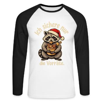Waschbär mit Weihnachtsmütze und Lebkuchen - Unisex Baseballshirt langarm - Weiß/Schwarz - Vorne - Nik (191cm)
