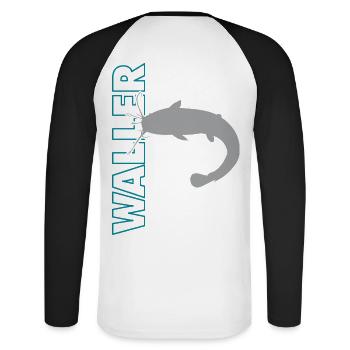 Waller fischen Nachtangeln Angler und Anglerin - Unisex Baseballshirt langarm - Weiß/Schwarz - Hinten - Nik (191cm)
