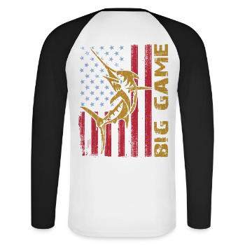 Jumping Marlin with US flag Deep Sea Fishing - Unisex Long Sleeve Baseball T-Shirt - white/black - Back - Nik (191cm)