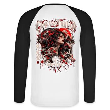 Ungezähigte Seele: Tiger-Göttin - Unisex Baseballshirt langarm - Weiß/Schwarz - Hinten - Nik (191cm)