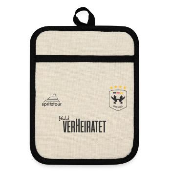 JGA - Trikot - Bald verheiratet - Dunkle Schrift - Topflappen mit Gummirückseite - Leinen/Schwarz  - Vorne