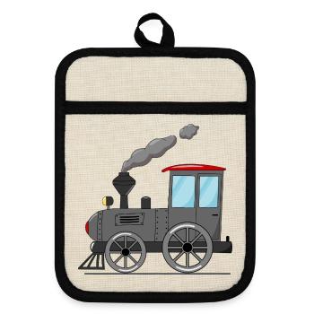 Children's train railway grey - Pot holders with rubber back - linen/black  - Front