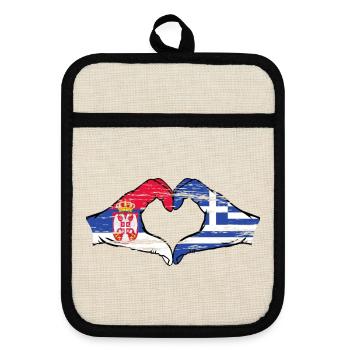 Serbia Greece flag hands heart shape used - Pot holders with rubber back - linen/black  - Front