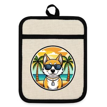 Japanischer Terrier Hund Rasse Cartoon Sonnenbrille Strand - Topflappen mit Gummirückseite - Leinen/Schwarz  - Vorne