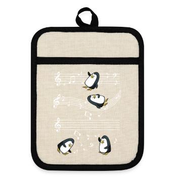 Musikalische Pinguine auf Notenbalken - Topflappen mit Gummirückseite - Leinen/Schwarz  - Vorne