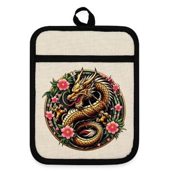 China Dragon - Pot holders with rubber back - linen/black  - Front