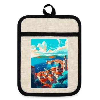 Dubrovnik Kroatien Vintage Reiseplakat Souvenir - Topflappen mit Gummirückseite - Leinen/Schwarz  - Vorne