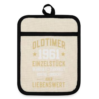 LUSTIG 65. GEBURTSTAG OLDTIMER 1961 EINZELSTÜCK - Topflappen mit Gummirückseite - Leinen/Schwarz  - Vorne