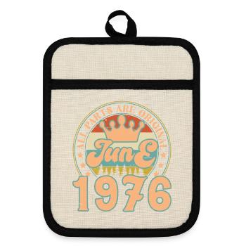 Juni 1976. Juni 1976 Geburtstagsgeschenk. Juni - Topflappen mit Gummirückseite - Leinen/Schwarz  - Vorne