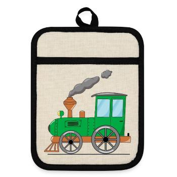 Children's train railway green - Pot holders with rubber back - linen/black  - Front