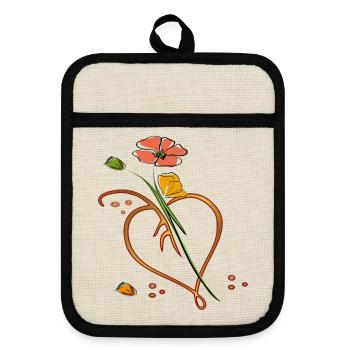 Flowers, flower with leaf in the shape of a heart - Pot holders with rubber back - linen/black  - Front