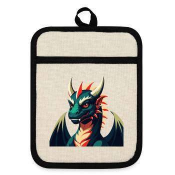 Drache Cartoon Figur Buntes Haustier Tier - Topflappen mit Gummirückseite - Leinen/Schwarz  - Vorne