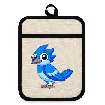 Blue Jay Niedliche Maskottchen Zeichentrickfigur Kawaii - Topflappen mit Gummirückseite - Leinen/Schwarz  - Vorne