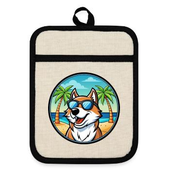 Sibirische Trikolore Hunderasse Cartoon Beach - Topflappen mit Gummirückseite - Leinen/Schwarz  - Vorne