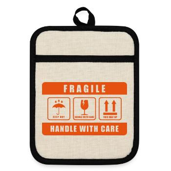 Fragile Handle with Care Versandetikett - Topflappen mit Gummirückseite - Leinen/Schwarz  - Vorne