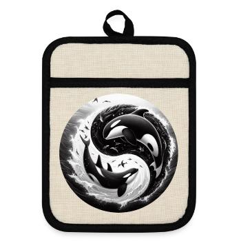 Yin and Yang Orca - Pot holders with rubber back - linen/black  - Front