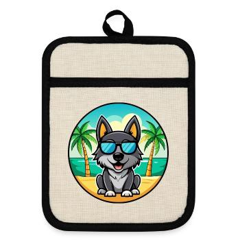Black Norwegian Elkhound Dog Breed Cartoon Beach - Pot holders with rubber back - linen/black  - Front