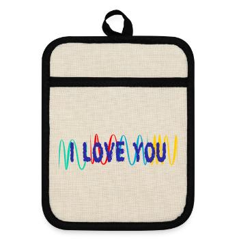 VALENTINSTAG. ICH LIEBE DICH. ICH LIEBE DICH. LIEBE. LIEBE - Topflappen mit Gummirückseite - Leinen/Schwarz  - Vorne