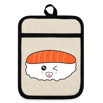 Cuisine kawaii, cuisine japonaise, poisson japonais - Maniques avec dos en caoutchouc - lin/noir  - Devant