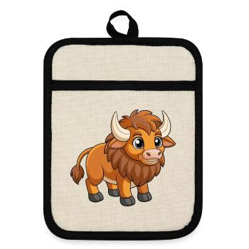 Bison Niedliche Maskottchen Zeichentrickfigur Kawaii - Topflappen mit Gummirückseite - Leinen/Schwarz  - Vorne