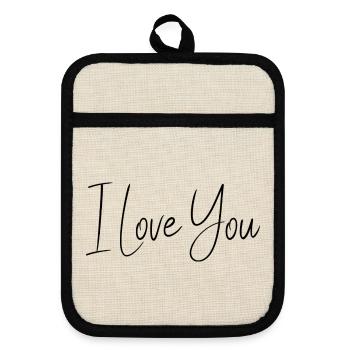VALENTINSTAG. ICH LIEBE DICH. ICH LIEBE DICH. LIEBE. LIEBE - Topflappen mit Gummirückseite - Leinen/Schwarz  - Vorne
