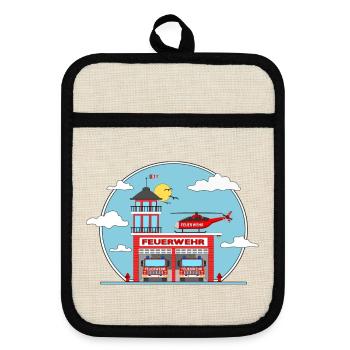 Fire station helicopter and fire truck - Pot holders with rubber back - linen/black  - Front