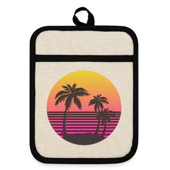 Synthwave Sun and Palms - Pot holders with rubber back - linen/black  - Front