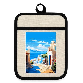 Kos Griechenland Vintage Reise Poster Souvenir Souvenir - Topflappen mit Gummirückseite - Leinen/Schwarz  - Vorne