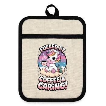 Angetrieben von Kaffee und Fürsorge! - Topflappen mit Gummirückseite - Leinen/Schwarz  - Vorne