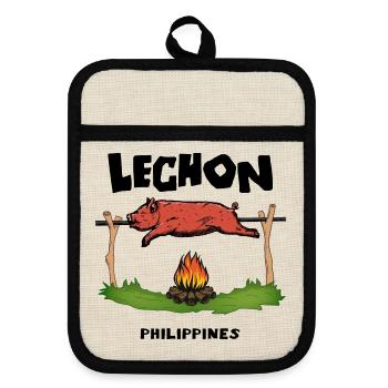 Lechon Philippines Cochon de lait Cebu Manille Cadeau - Maniques avec dos en caoutchouc - lin/noir  - Devant