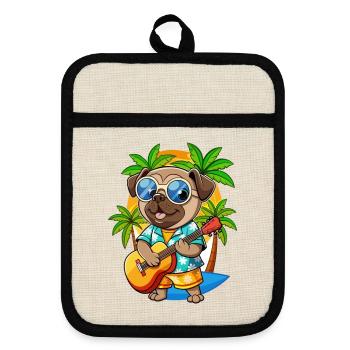 Lustige Mops Hund Sommer Strand Sonnenbrille Hawaiianisch - Topflappen mit Gummirückseite - Leinen/Schwarz  - Vorne