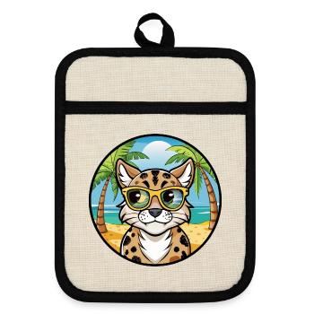 Australian Spotted Mist Cat Breed Cartoon Beach - Pot holders with rubber back - linen/black  - Front