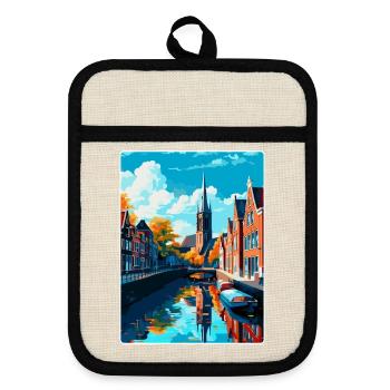 Delft Niederlande Vintage Reiseplakat Souvenir - Topflappen mit Gummirückseite - Leinen/Schwarz  - Vorne