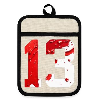 NO. 13 NUMBER 13 RED WHITE 13TH BIRTHDAY - Pot holders with rubber back - linen/black  - Front
