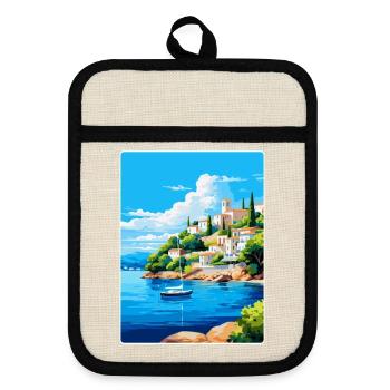 Porto Heli Greece Vintage Travel Poster Souvenir - Pot holders with rubber back - linen/black  - Front