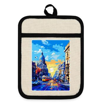 Bucharest Romania Vintage Travel Poster Souvenir - Pot holders with rubber back - linen/black  - Front