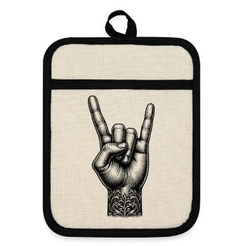 Rock on Hand mit Devils Horns - Topflappen mit Gummirückseite - Leinen/Schwarz  - Vorne