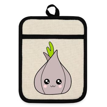 Kawaii Zwiebel Knoblauch Kawaii Gemüse Kawaii Obst - Topflappen mit Gummirückseite - Leinen/Schwarz  - Vorne