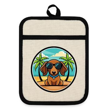 Miniatur Dackel Hund Rasse Cartoon Sonnenbrille - Topflappen mit Gummirückseite - Leinen/Schwarz  - Vorne