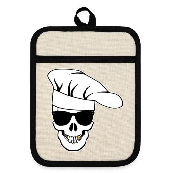 Skull with sunglasses chef's hat - Pot holders with rubber back - linen/black  - Front