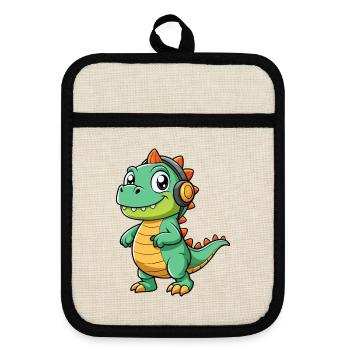 Dinosaurier Lustige Cartoon Figur Kopfhörer Musik - Topflappen mit Gummirückseite - Leinen/Schwarz  - Vorne