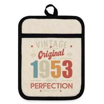 vintage original 1953 born in birthday 70 years - Pot holders with rubber back - linen/black  - Front