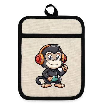 Chimpanzé drôle dessin animé personnage casque musique - Maniques avec dos en caoutchouc - lin/noir  - Devant
