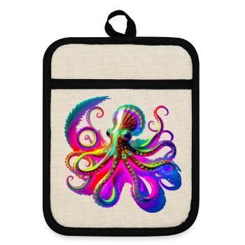 Psychedelischer Neon-Oktopus - Topflappen mit Gummirückseite - Leinen/Schwarz  - Vorne