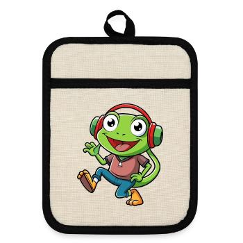 Frosch Lustige Cartoon Figur Kopfhörer Musik - Topflappen mit Gummirückseite - Leinen/Schwarz  - Vorne