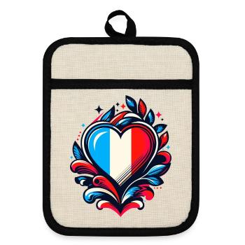 Heart French Flag - Pot holders with rubber back - linen/black  - Front