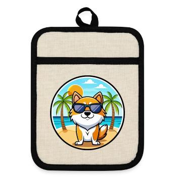 Hokkaido Dog Breed Cartoon Sunglasses Beach - Pot holders with rubber back - linen/black  - Front