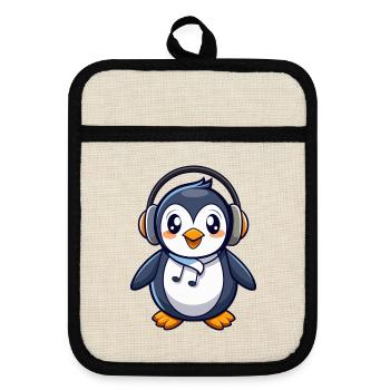 Pinguin Lustige Zeichentrickfigur Kopfhörermusik - Topflappen mit Gummirückseite - Leinen/Schwarz  - Vorne