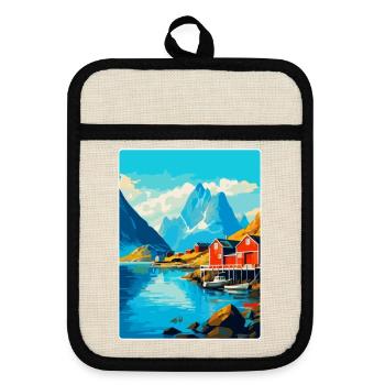 Affiche de voyage vintage des îles Lofoten en Norvège WPA - Maniques avec dos en caoutchouc - lin/noir  - Devant